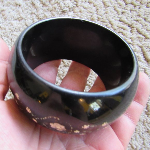 Hand Painted Black Floral Lucite Wide Bangle - Picture 2 of 4